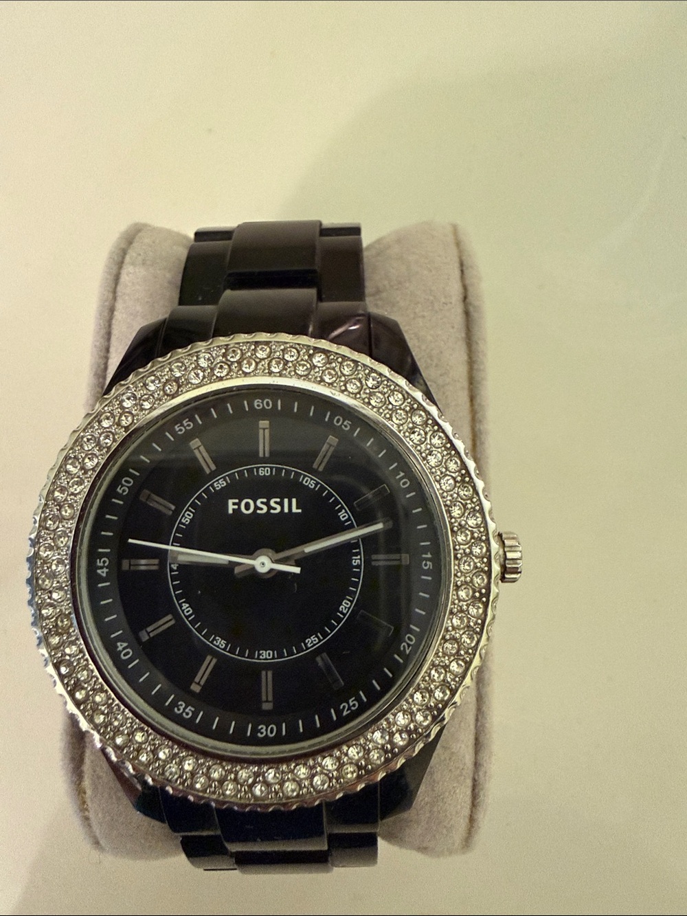 Fossil Black Dial Watch with Crystal-Studded Silver Bezel